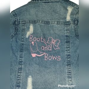 Revamped Khanomak denim jacket/ Distressed and Embellished/ Size 14 girls